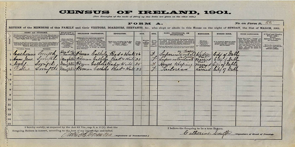 1911 Aungier Street census return - Smyth family