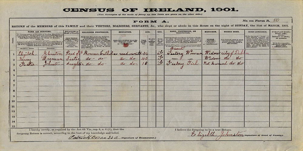 1911 Aungier Street census return - Johnston family