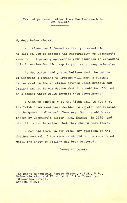 Text of proposed letter from Taoiseach Sean Lemass to British Prime Minister, Harold Wilson, announcing the government's intention to re-inter Casement's remains in Glasnevin cemetery