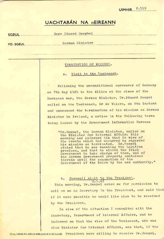 Memorandum regarding the visits of Herr Hempel to the Taoiseach and to the President on the termination of his mission as German Minister to Ireland