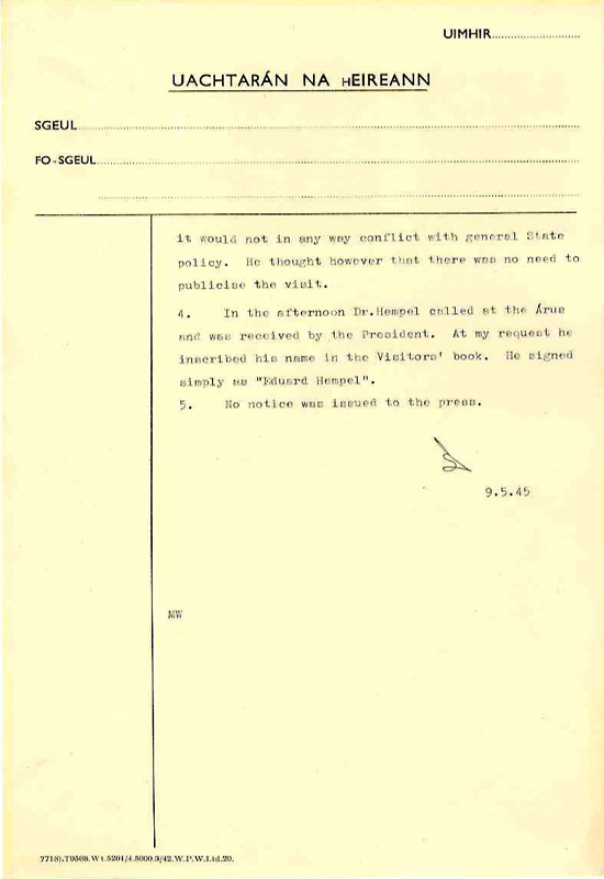 Memorandum regarding the visits of Herr Hempel to the Taoiseach and to the President on the termination of his mission as German Minister to Ireland