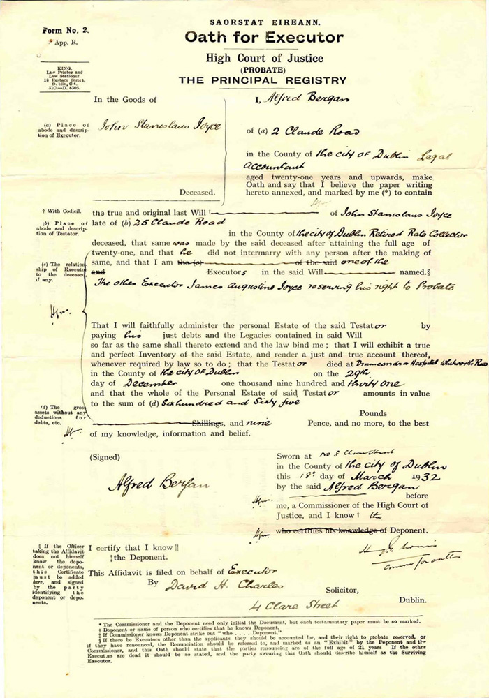 Oath for Executor for the will of John Joyce