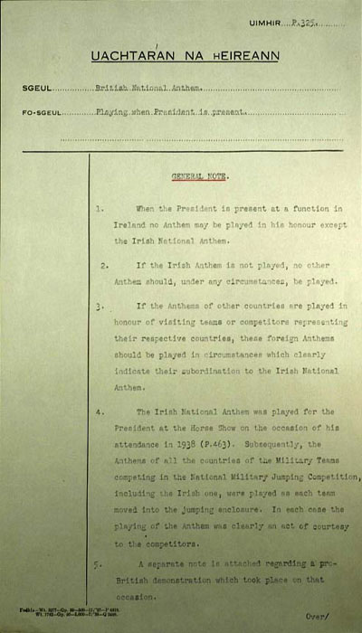 Memorandum dated 15 November 1938, regarding the playing of the British national anthem when the President is present. 