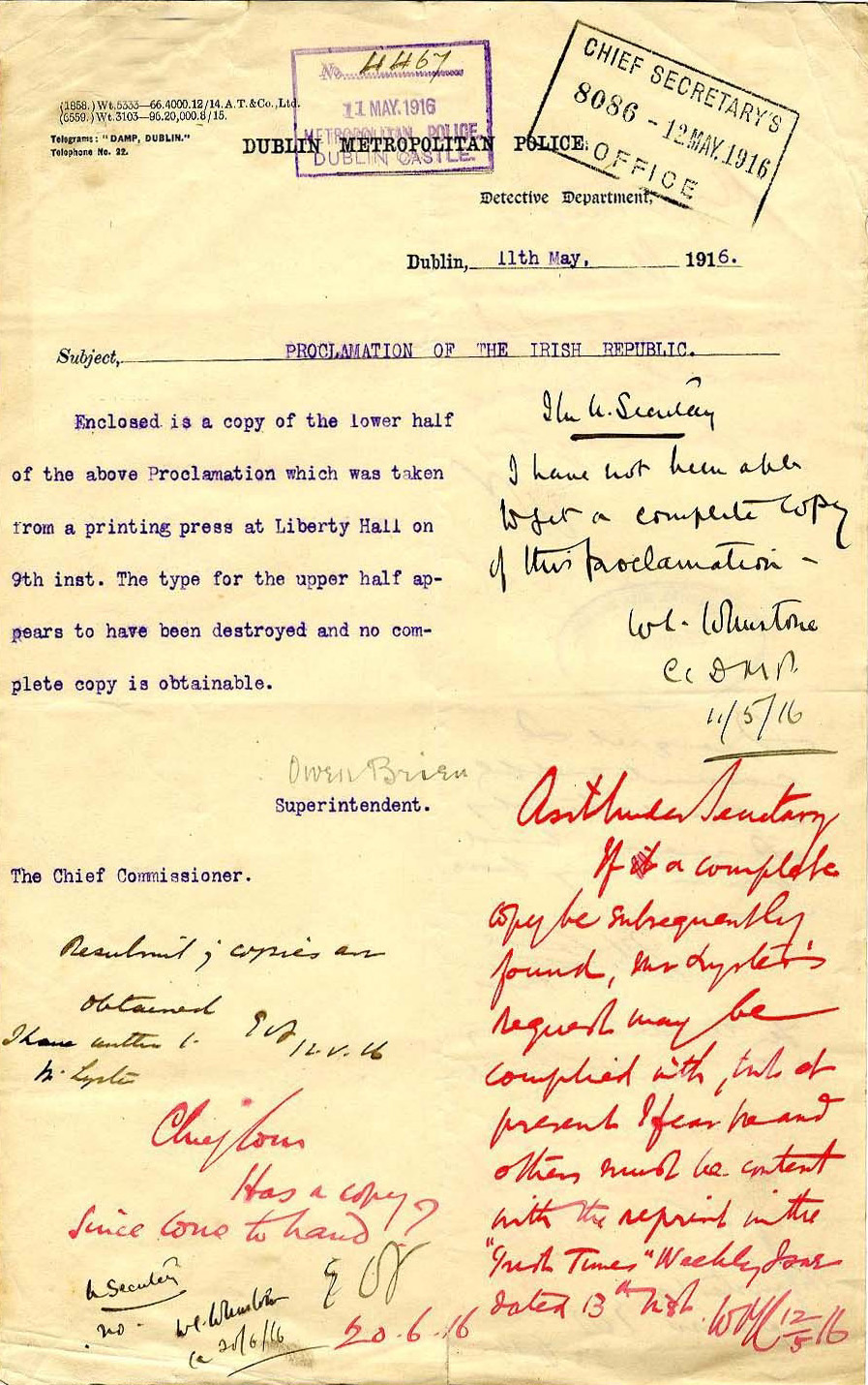 DMP letter regarding the half-copy of the 1916 Proclamation