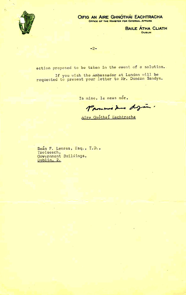 Letter from Frank Aiken, Minister for External Affairs, to Sean Lemass, Taoiseach, reporting the 1959 purchase of a plot in Glasnevin cemetery for Casement's remains