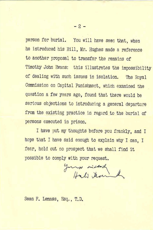 Letter from Harold MacMillan, Prime Minister of Great Britain, to Sean Lemass, Taoiseach, refusing to repatriate Casement's remains