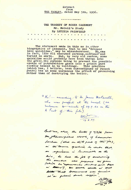 Extract from the Tablet and annotations dealing with the disputed issue of whether Casement had been buried in a coffin or not