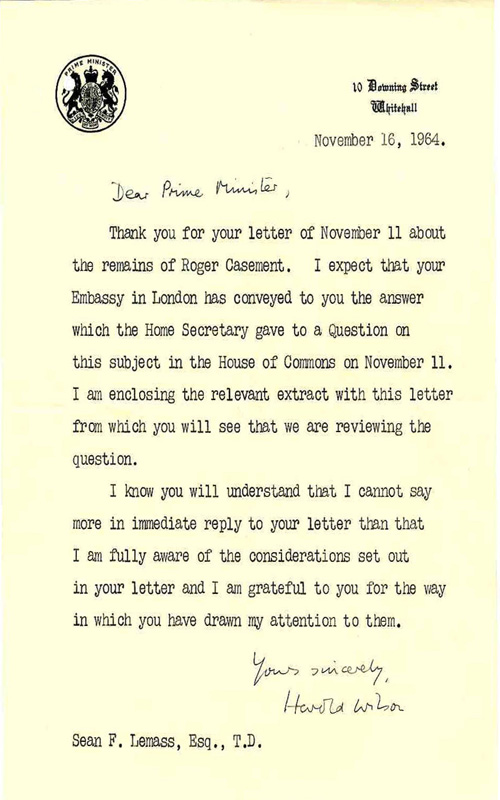 Letter from Harold Wilson, Prime Minister of Great Britain, to Sean Lemass, Taoiseach, promising review of the repatriation issue