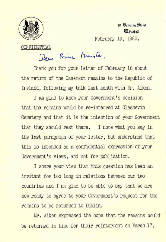 Letter from Prime Minister Wilson to Taoiseach Sean Lemass, agreeing to the return of Casement's remains