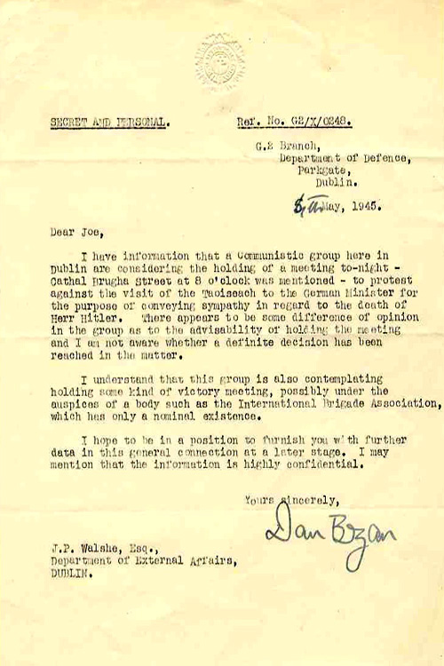 Letter from military intelligence regarding a possible communist protest against de Valera's visit