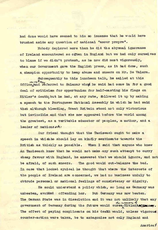 Letter from the Irish High Commissioner in London regarding de Valera's visit