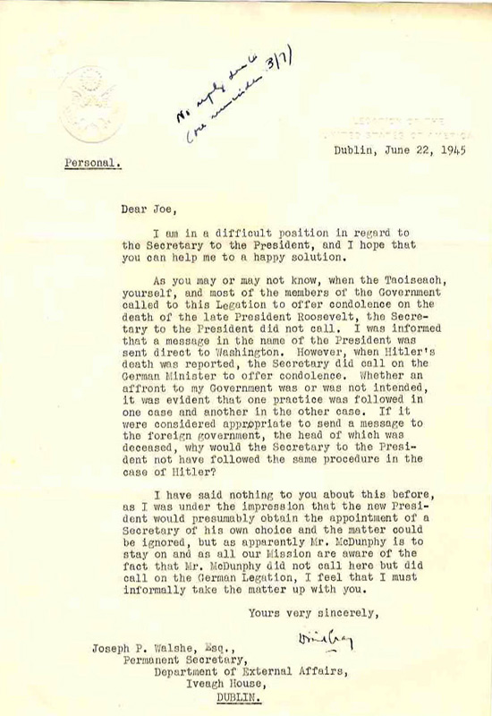 Letter from the US Ambassador complaining about a perceived breach of protocol in the matter of Roosevelt's and Hitler's deaths