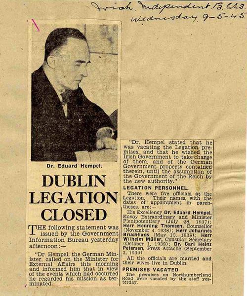 Extract from the Irish Independent, announcing the closure of the German Legation in Northumberland Road, Dublin