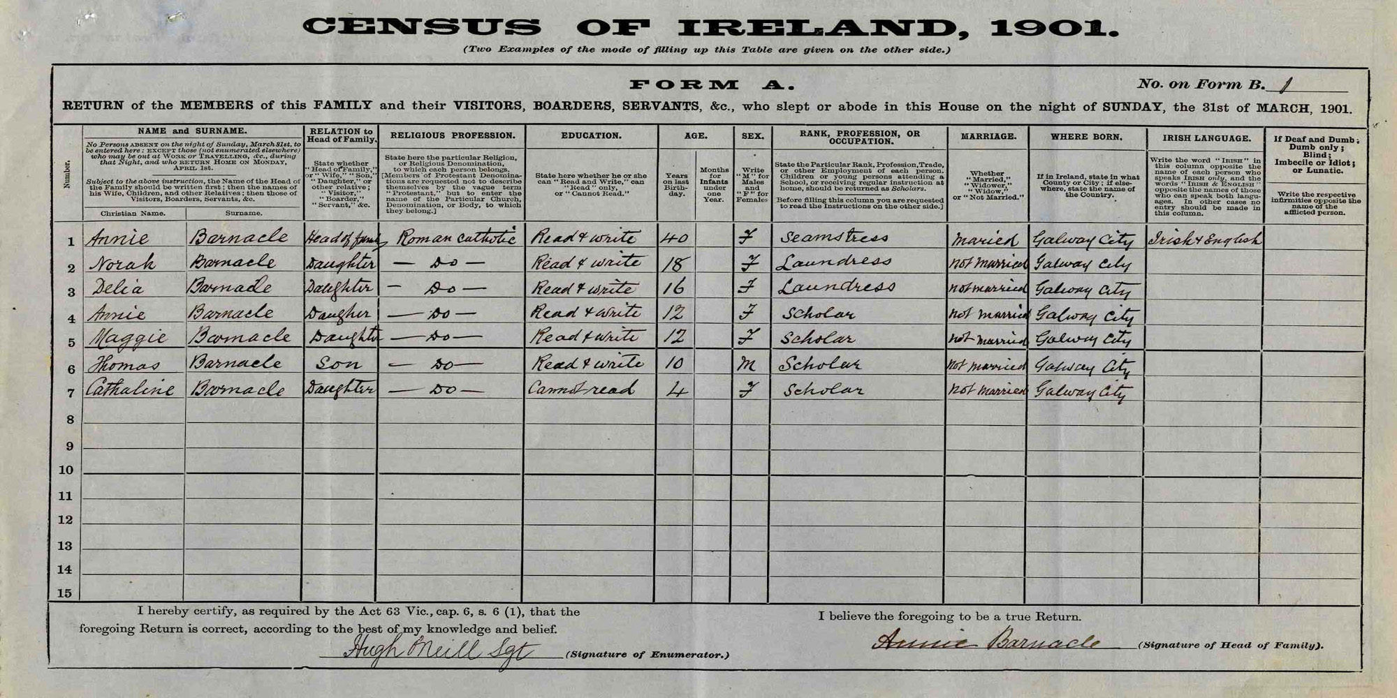 1901 census return for the family of Nora Barnacle