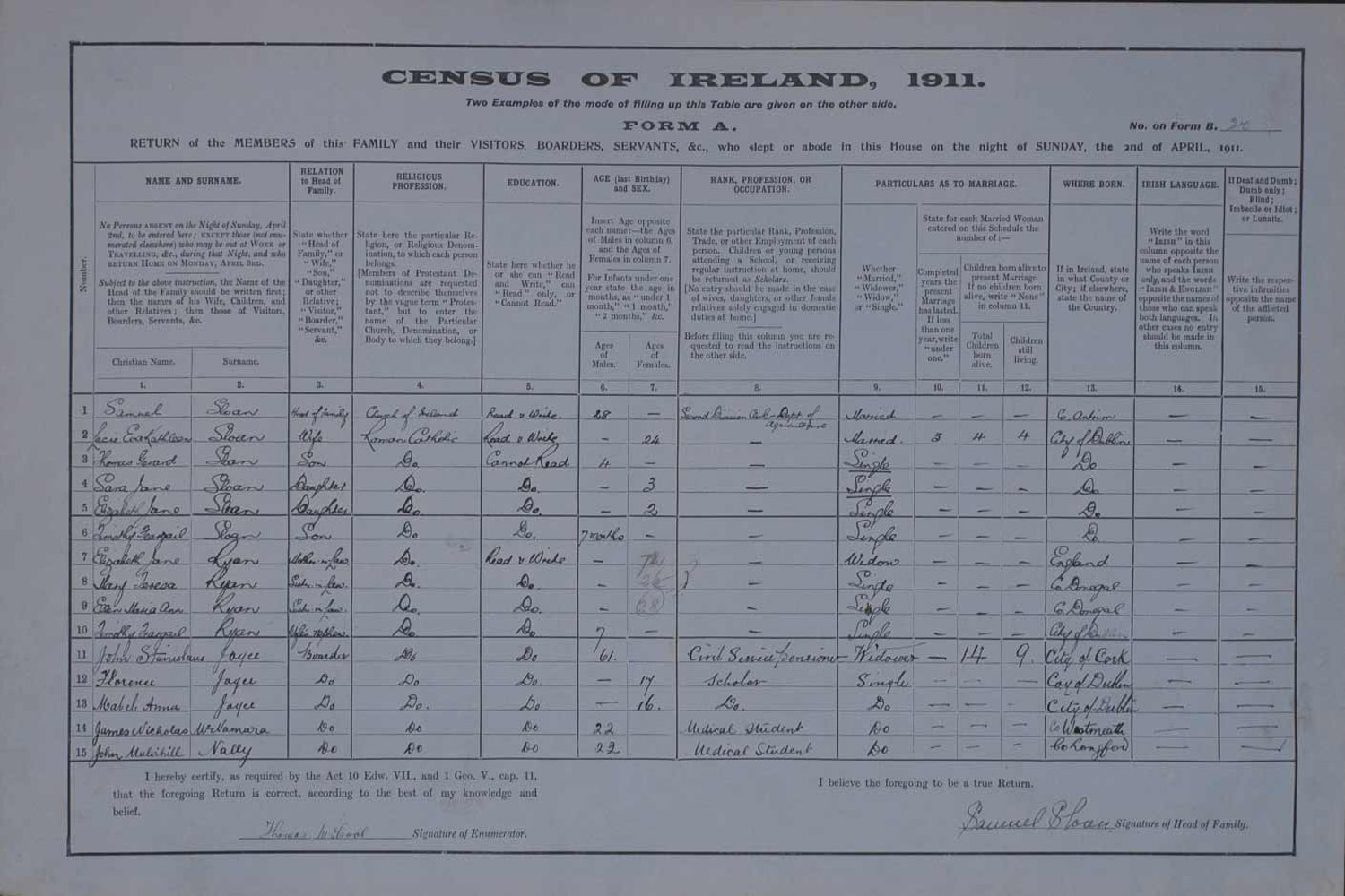 1911 census return for members of the Joyce family