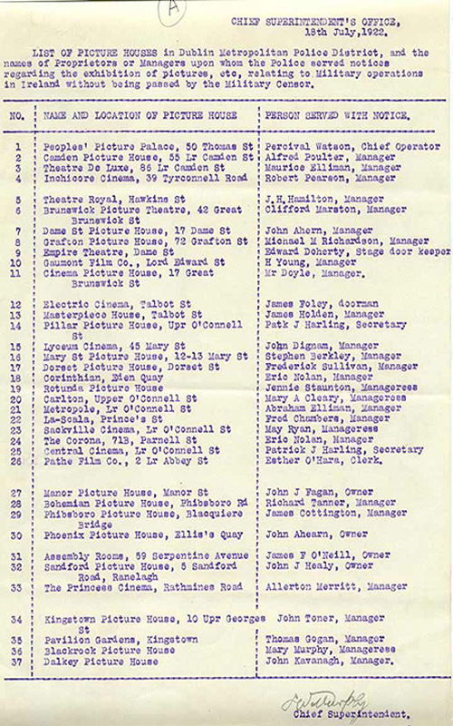 Dublin cinema listing, 1922